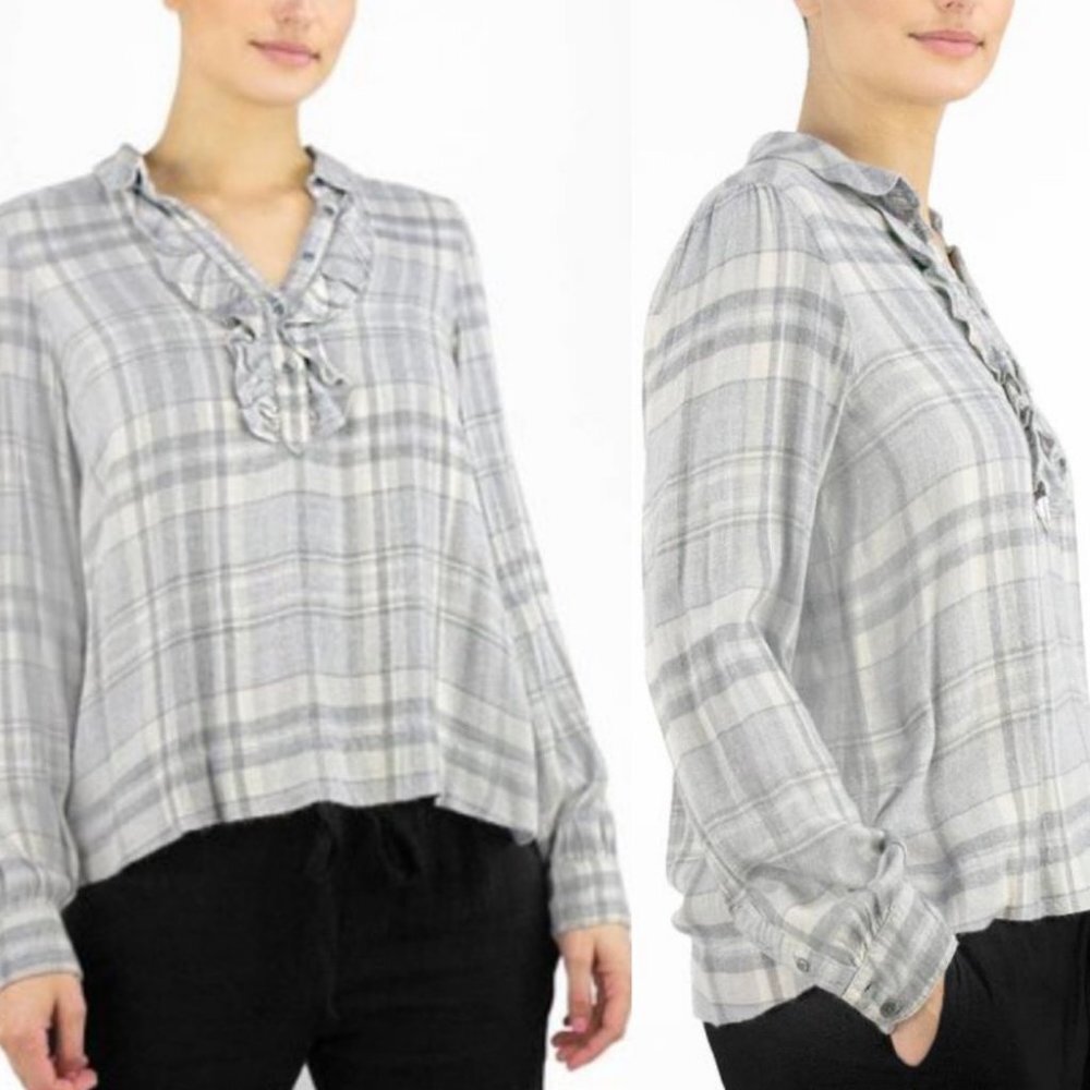 XIRENA Ali Top Dovetail Flannel Ruffle Grey Blouse Size Small Plaid‎ Popover USA